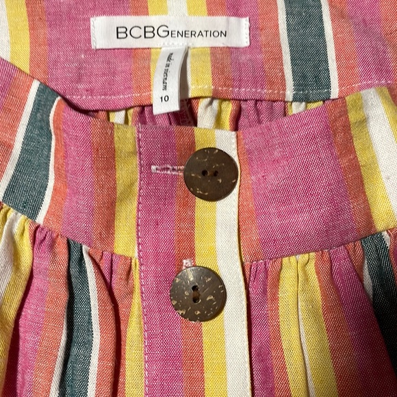 Sunrise stripe A-Line Button-front linen multi colored striped retro midi skirt - Picture 5 of 8